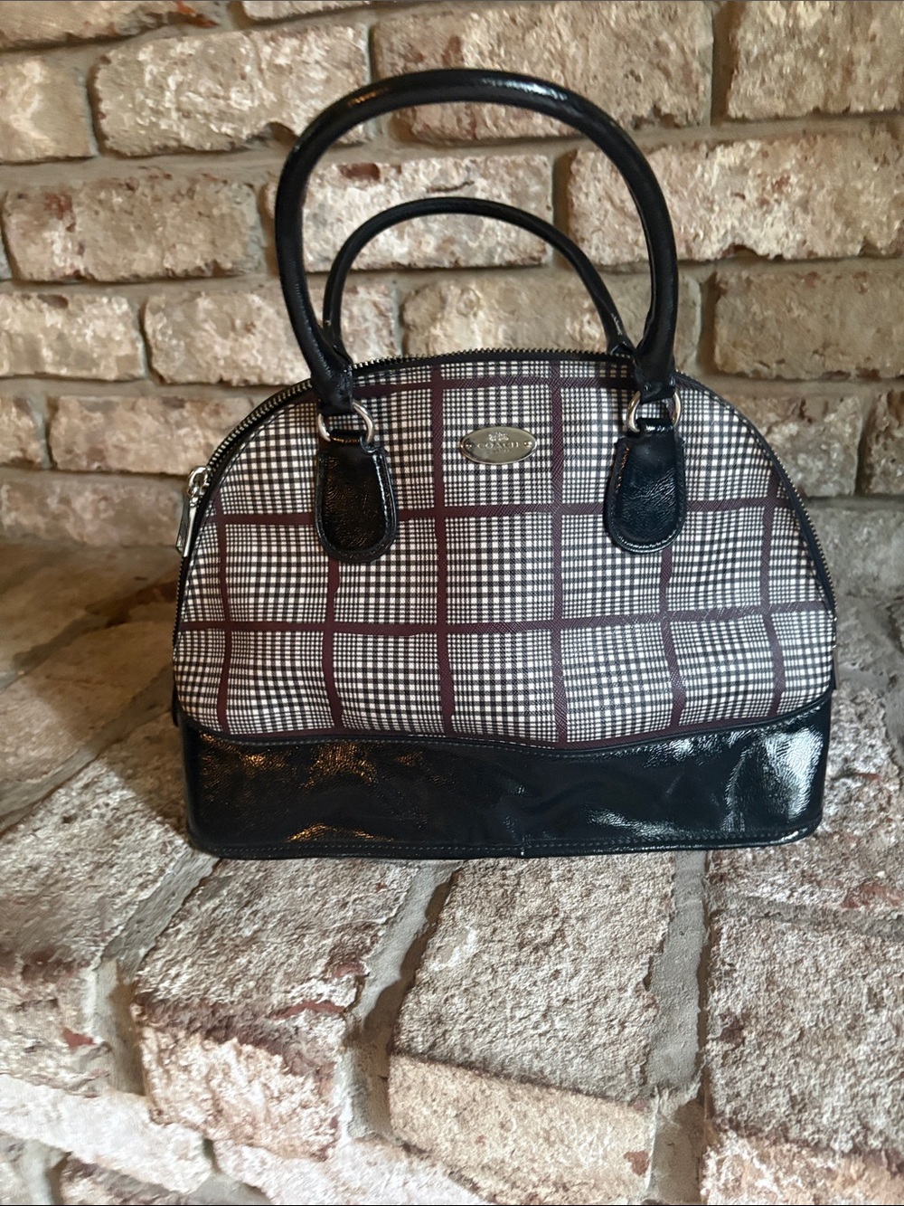 Coach Black Patent and Brown Plaid Dome Satchel